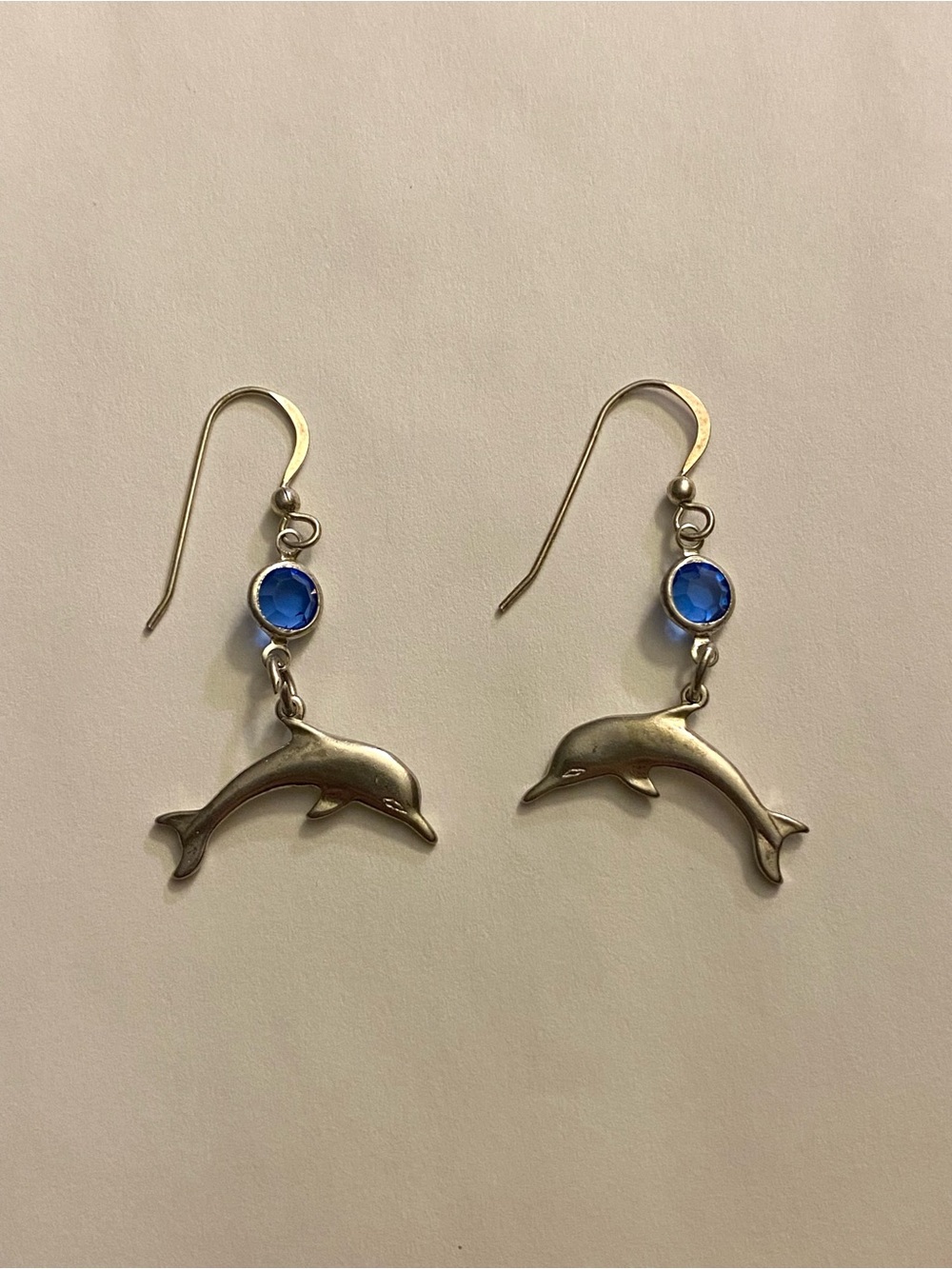Vintage Silver Dolphin Drop Earrings with Blue Stones